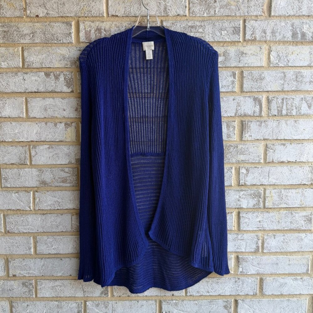 Chico's Long Sleeve Open Knit Blue Open Front Sheer Cardigan Sweater Size 2 (L).